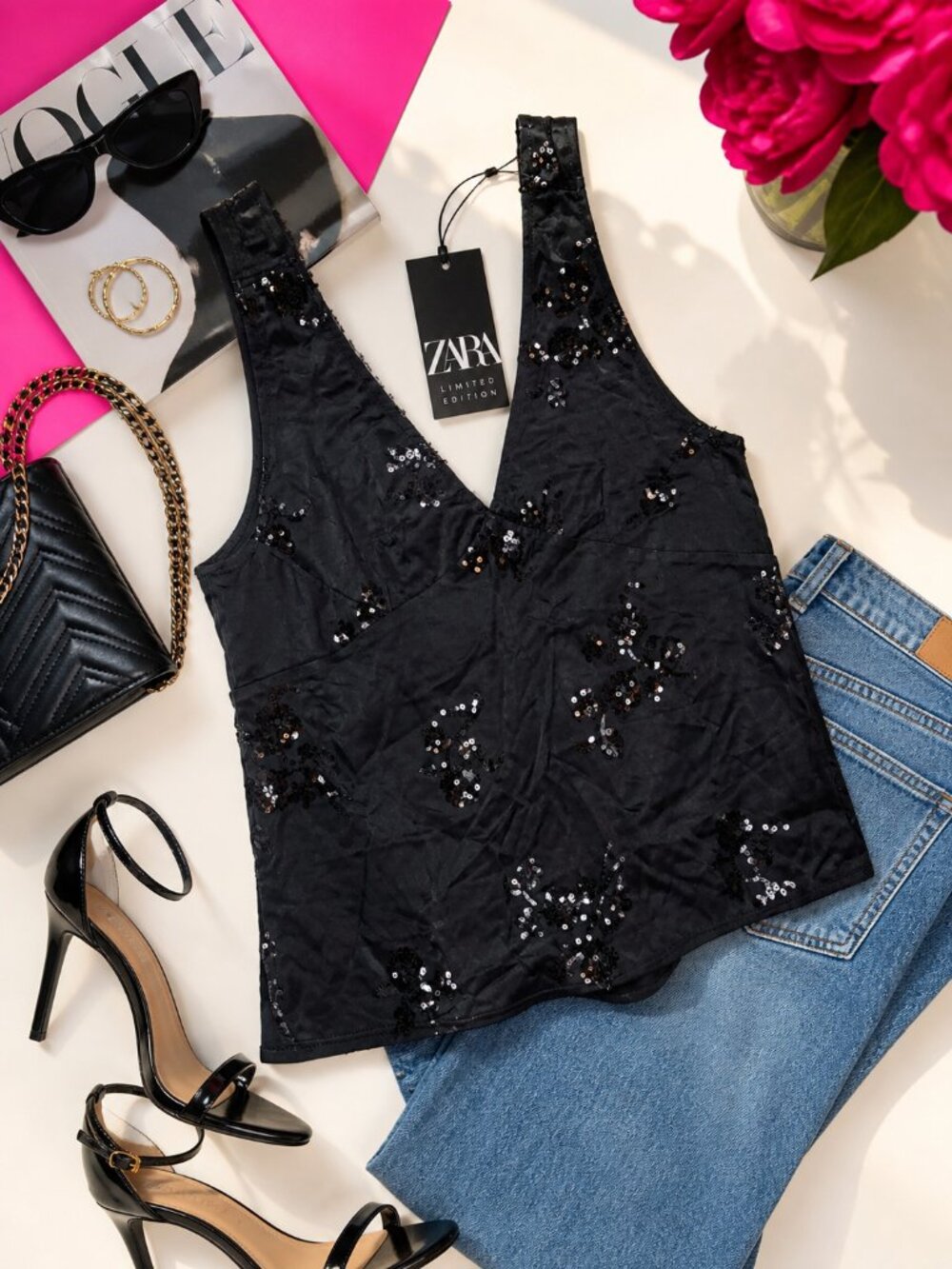 ZARA NWT Limited Edition Black Sequin Tank XL Sleeveless V Neck Evening Blouse